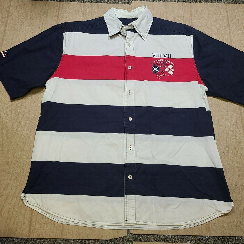 Eight 732 Button Front Red White Blue Water Club Shirt Mens 2XL XXL USA July 4th